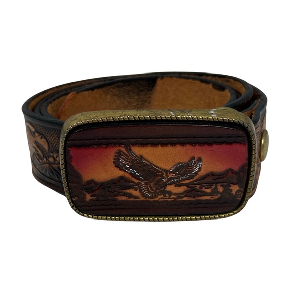 Handmade Handtooled Embossed Eagle Tan/Brown Leather Belt Made in USA Size 40 - Picture 1 of 6